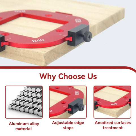 Game Changer Radius Jig Router Templates Paired With Dual Precision Trimming Cutters For No Sweat Woodworking Corners And Smooth Table Edges Heavy Duty Aluminum Alloy Template Kit displaying R40 radius jig on wood.