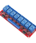 Top view of 8 Channel 5V Relay Module With Opto Isolated Inputs, High Or Low Level Trigger, Jumper Selectable on red circuit board