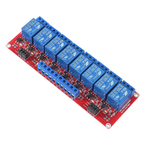 Top view of 8 Channel 5V Relay Module With Opto Isolated Inputs, High Or Low Level Trigger, Jumper Selectable on red circuit board