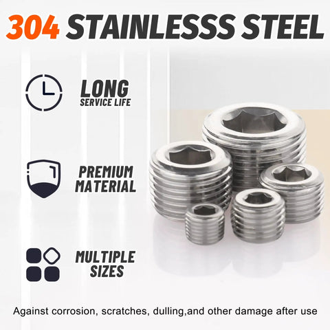 Stainless Steel Pipe Plug Fittings Assortment Kit With Five Sizes One Eighth Inch One Quarter Inch Three Eighths Inch One Half Inch And Three Quarters Inch Twenty Five Pieces NPT Male Internal Hex Thread Socket Plugs For DIYers