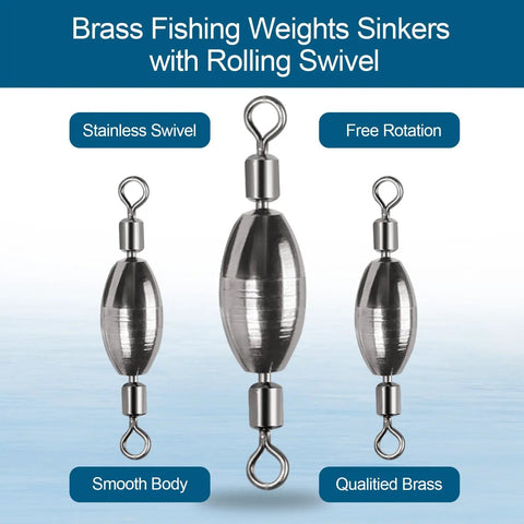 34Pcs Fishing Weights With Rolling Swivel Brass Sinkers 2 In 1 Tackle Kit featuring three brass weights with stainless swivels
