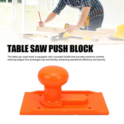 Image of Pro Grade Woodworking Push Block with Rounded Handle and Textured Non Slip Surface in orange ABS for table saws and planers.