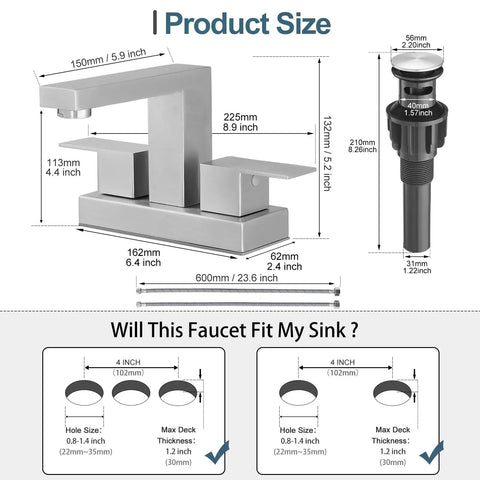 Dimensions of 4 Inch Brushed Nickel Centerset Bathroom Faucet With Pop Up Drain, 2 Handle, Fits 2 Or 3 Hole Sinks, Stainless Steel Build