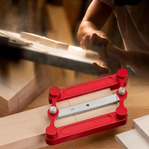 Top Tier Stainless Steel Center Gauge For Woodworking With Hella Sturdy Interchangeable Inch And Metric Marking Rods For Dead Accurate Hole Punch Locator Layout on wood surface.