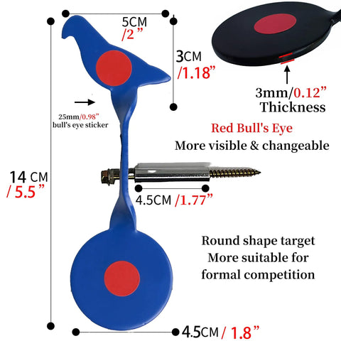 Auto Reset Steel Target For Plinking And Shooting Practice With 360 Degree Rotation Red And Black Bird Design, dimensions labeled