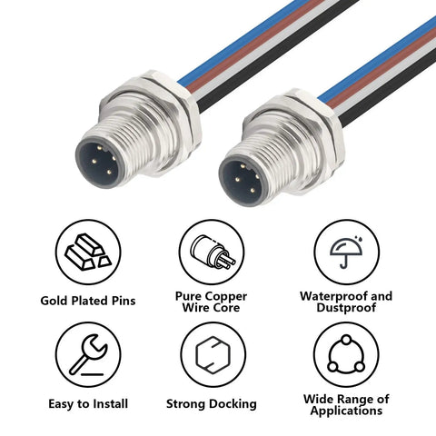 M12 4 Pin A Coded Male Aviation Connector Cable 0.7 Ft Waterproof Industrial Bulkhead Panel Mount with features icons for control cabinets