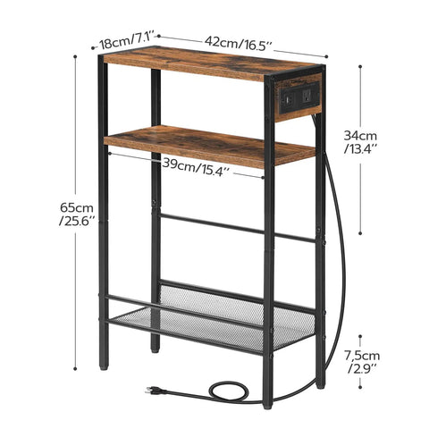 Slim Side Table With Charging Station And USB Ports For Small Spaces, Narrow End Table With Storage Shelf, Compact Nightstand With Power Outlet And Type C in Rustic Brown and Black Finish, showing dimensions.