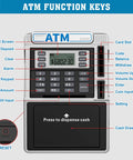 Rechargeable Kids ATM Bank With Real Money Safe Debit Card Access Coin Recognition Bill Feeder Balance Calculator Power Off Memory Keeps Data Kid Friendly ATM Machine For Boys And Girls with labeled function keys and features.