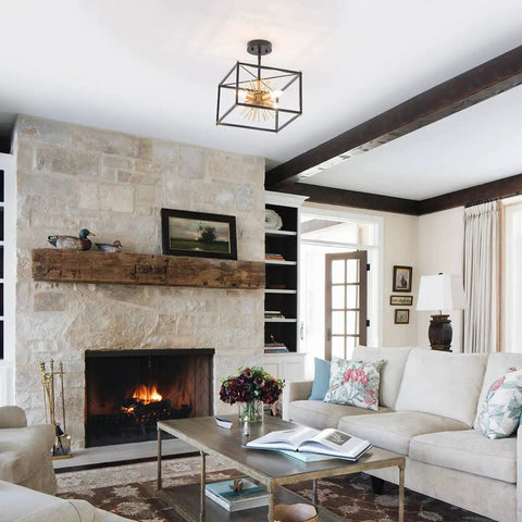 Living room with Gold Flush Mount Ceiling Light, Modern Brass Sputnik Starburst Fixture, small 12.6 in, above seating area.