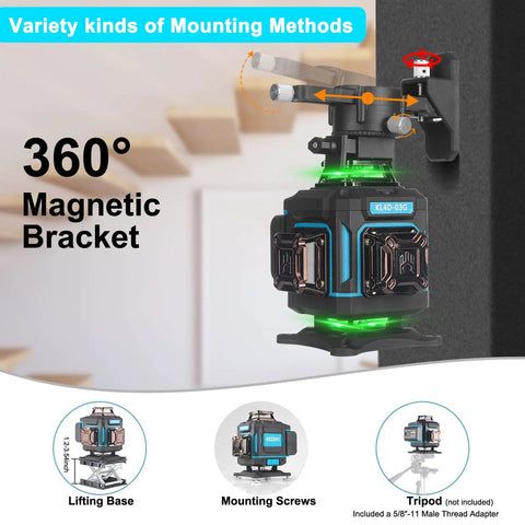 4x360 Degree Laser Level With Screen Readout, Green Laser Line on magnetic bracket, showing various mounting options