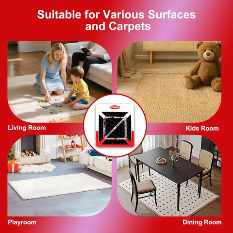 12 Pack Rug Gripper Tape Set For Area Rugs Non Slip Double Sided Carpet Tape Pads For Hardwood Floors Prevent Curling And Bunching Black shown in living room, playroom, dining room, and kids room settings.