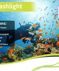 Fluorescent green Underwater Dive Light 180LM LED Flashlight For Scuba, Snorkeling, And Outdoor Adventures with specifications shown