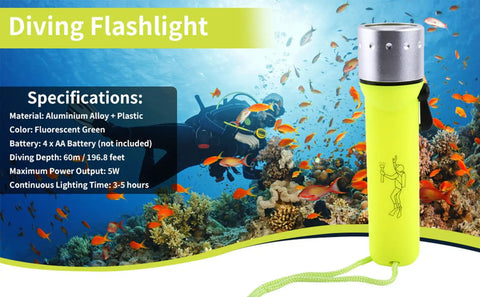 Fluorescent green Underwater Dive Light 180LM LED Flashlight For Scuba, Snorkeling, And Outdoor Adventures with specifications shown