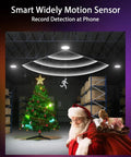 Smart Bluetooth UFO LED High Bay Light With Motion Sensor 100W 16,000 Lumens 5000K in warehouse with Christmas decoration.