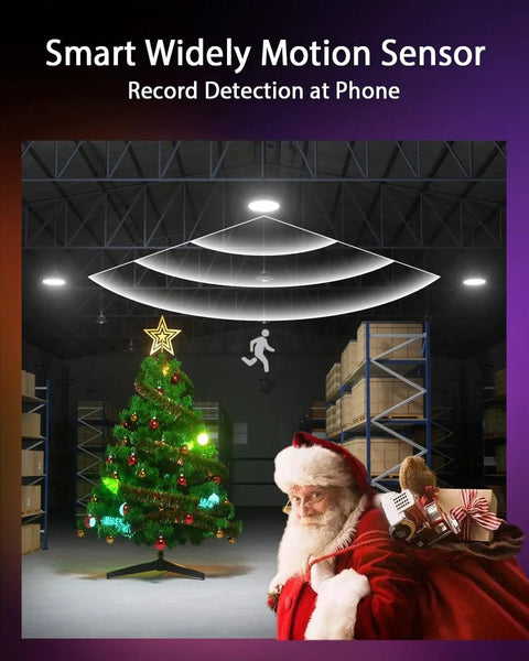 Smart Bluetooth UFO LED High Bay Light With Motion Sensor 100W 16,000 Lumens 5000K in warehouse with Christmas decoration.