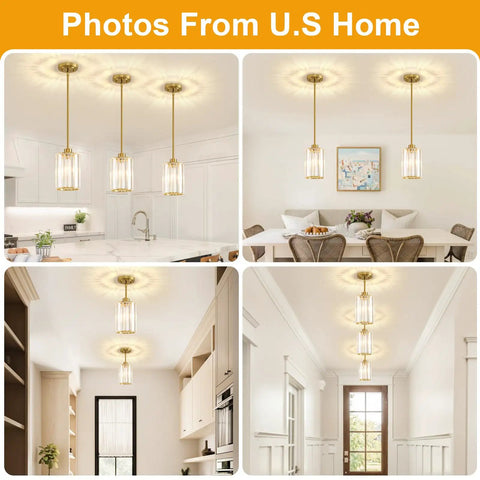 Top Shelf Modern Gold Pendant Lights 2 Pack Adjustable Crystal Chandelier Kitchen Island Fixture in a bright kitchen.