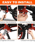 Installation process of Upgraded Kickstand for 50cc 2Stroke Dirt Bikes, showing positioning, inserting screws, and attaching spring.