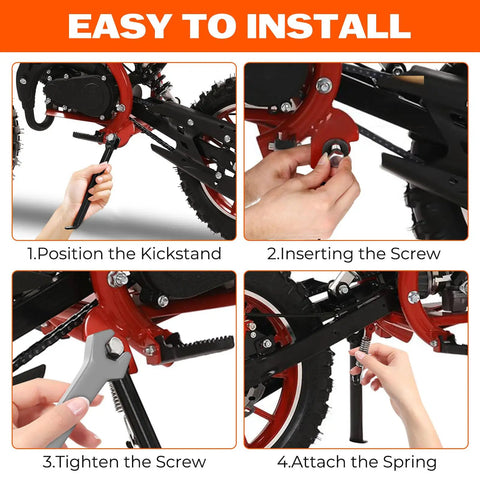 Installation process of Upgraded Kickstand for 50cc 2Stroke Dirt Bikes, showing positioning, inserting screws, and attaching spring.