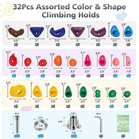 Image of 32 Pack Rock Climbing Holds for Kids and Grownups Multi Size Grips including mounting hardware and instruction manual.