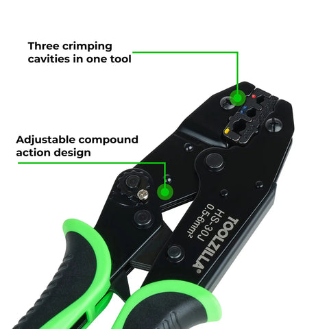Workhorse Heavy Duty Ratcheting Wire Crimper For Stranded Copper Cable featuring adjustable compound grip and ergonomic handles.