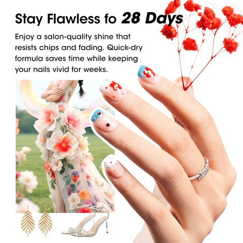 Ultimate 24 Piece Gel Nail Polish Kit With 20 Dope Shades And 4 Essential Coats, floral dress and manicured hand