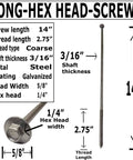 Badass Galvanized Timber Screws 25 Pack detailed dimensions of a 14-inch galvanized steel hex head screw with coarse threads.