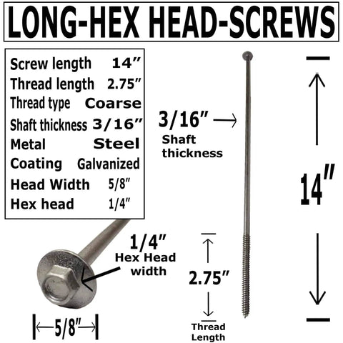 Badass Galvanized Timber Screws 25 Pack detailed dimensions of a 14-inch galvanized steel hex head screw with coarse threads.