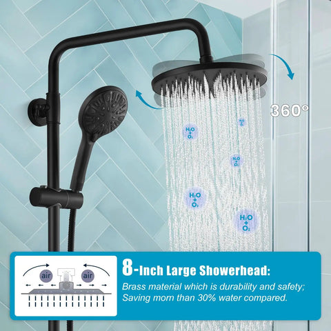 Matte Black Exposed Shower Fixture Set With 3 In 1 Diverter Valve Brass Body 8 Inch Rainfall Showerhead in use