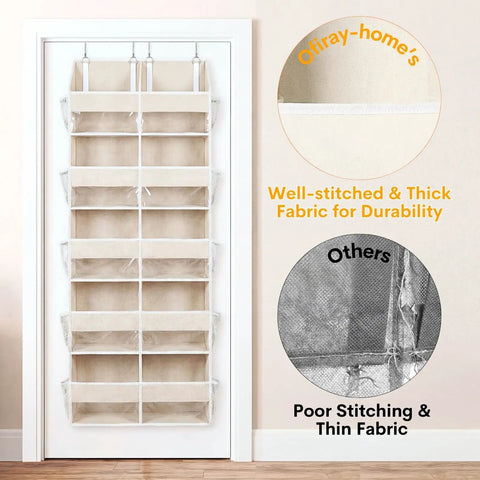 Over The Door Organizer Five Tiers With Ten Compartments Delivers Extra Large Behind Door Storage And A Sturdy 80 Lbs Weight Capacity Super Handy For Closet Dorms Nursery Or Pantry Door Hanging Organizer Beige shown hanging on door with focus on stitching quality.