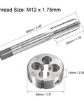 M12 X 1.75 Metric Tap And Die Kit for Thread Repair including round die and hand tap with measurements shown.