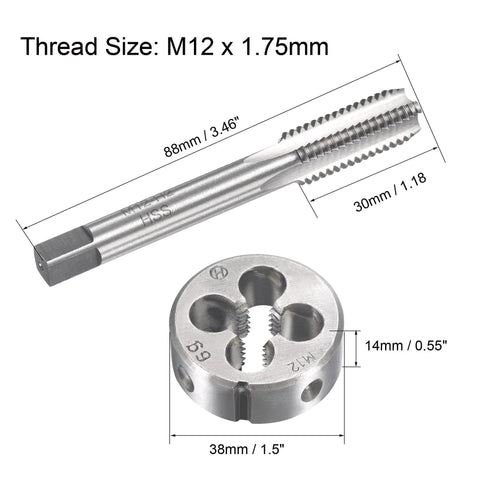 M12 X 1.75 Metric Tap And Die Kit for Thread Repair including round die and hand tap with measurements shown.
