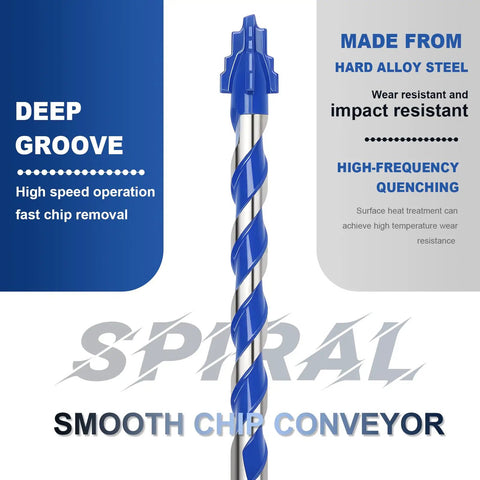 5 Pack 0.15625 Inch Diameter 3.75 Inch Masonry Drill Bits With Hex Shank For Tile Concrete Brick Cement Granite Glass And Porcelain Water Cooled For High Hardness Materials Heavy Duty Pro Grade displaying spiral design and text on durability