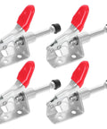 Four Piece Quick Release Horizontal Toggle Clamps Set For Welding And Woodworking, shown with adjustable arms and red handles.