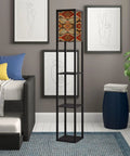 3 In 1 Corner Floor Lamp With Shelves And USB Ports Power Outlet, Navajo Geometric Southwest Print Multicolor Cozy Linen Shade