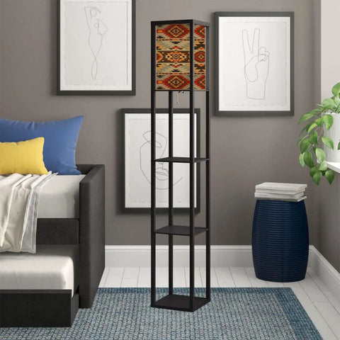3 In 1 Corner Floor Lamp With Shelves And USB Ports Power Outlet, Navajo Geometric Southwest Print Multicolor Cozy Linen Shade