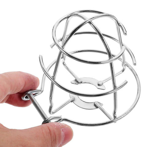 Six Pack Tool Free Fire Sprinkler Head Covers Tough As Nails Protector Cage with Exposed Shackle held in hand, silver metal, 3.14 by 7.08 inches.