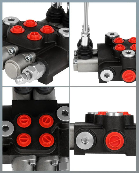 Close-up of Three Spool 11 GPM Hydraulic Flow Control Valve With Heavy Duty G Ports Adjustable Relief Lever Handle for tractors