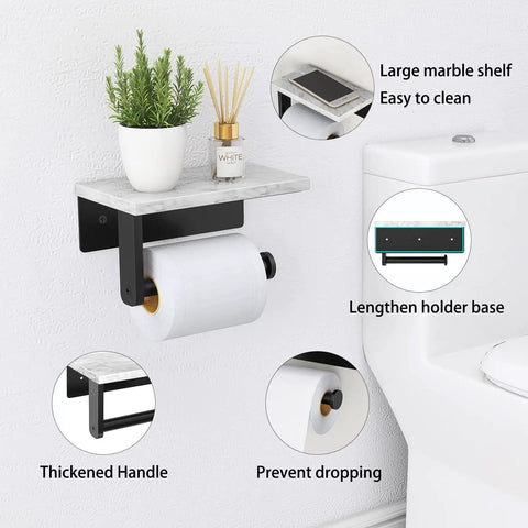 Marble Toilet Paper Holder With Shelf Wall Mounted 304 Stainless Steel Tissue Roll Holder Matte Black Bathroom Organizer Built To Last Easy Install No Fuss Modern Bathroom Setup, shown with a decorative plant and diffuser on the marble shelf.