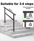 Built Like A Tank Black Galvanized Steel Handrails For Outdoor Steps And Porch Safety shown on 3-4 concrete steps with measurements.