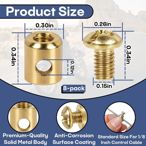 No Sweat Adjustable Cable Stop Barrel Kit With Heavy Duty Threaded Cable Adjusters For Motorcycles Go Karts And Brake Systems - Solid Steel Housing Nipples Built Like A Tank, 8-pack showing dimensions and features.
