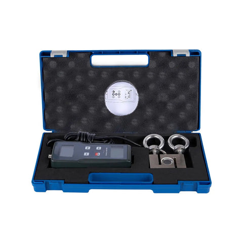 Digital Force Gauge For Push And Pull Forces With Plus Or Minus Five Hundred Kgf Range, Beefy Pro Grade High Resolution To 0.01 Kgf, 0.01 N, Or 0.1 Lbf, Three Units Of Measurement, Accurate Readouts For Tough Material Testing in blue carry case with hooks