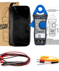 Clamp Meter Digital Multimeter For AC DC Voltage And Current with accessories and box packaging displayed.