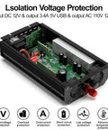 3000 Watt Power Inverter Converts 12V DC To 110V AC Delivering 6000W Peak Juice showing internal circuit components and protection features.