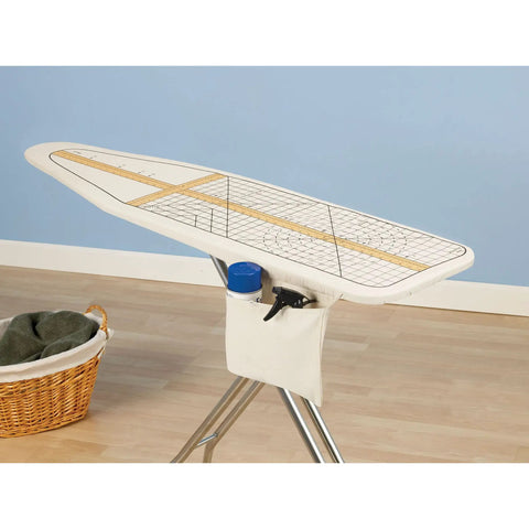 Deluxe Ironing Board Pad And Cover With Sewing Guide Pattern Cream shown on ironing board with woven pad and cord binding.