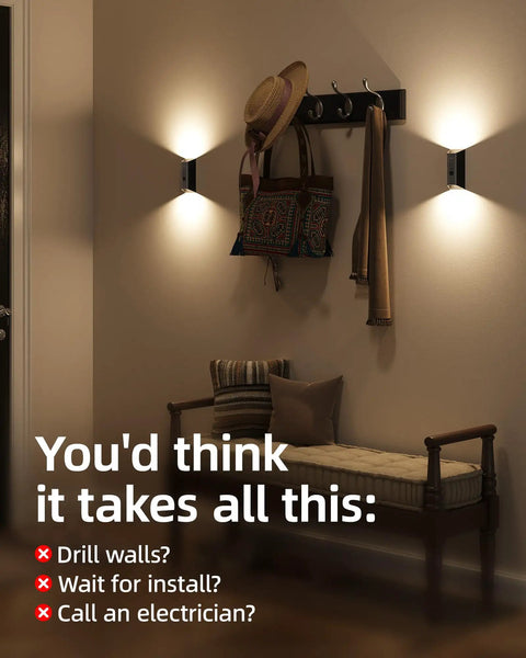 Wireless Motion Sensor Wall Light With Remote Control Rechargeable Led Sconce illuminating hallway with hat and bags in view.