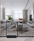 Living room view with Extra Wide Pressure Mounted Baby Gate For Stairs And Openings, heavy duty indoor dog gate in doorway