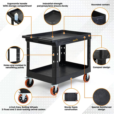 Extra Large Heavy Duty Utility Cart With Deep Shelves Two Tier Rolling Work Cart Plastic Service Cart On Six Inch Casters shown with features labeled