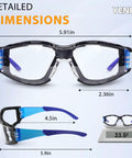 Rock Solid Two Pack Anti Fog Safety Glasses With Thick Foam Lined Gasket Secure Buckle Strap And Rugged Carry Pouch Ansi Certified Splash Shield Eye Protection For Tough Job Sites dimensions shown from multiple angles