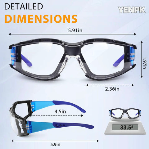 Rock Solid Two Pack Anti Fog Safety Glasses With Thick Foam Lined Gasket Secure Buckle Strap And Rugged Carry Pouch Ansi Certified Splash Shield Eye Protection For Tough Job Sites dimensions shown from multiple angles
