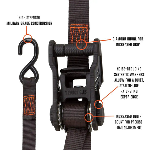 Orange 10 Foot Tactical Ratchet Tie Down Straps Two Pack With 1000 Pound Safe Working Load featuring military grade design and grip